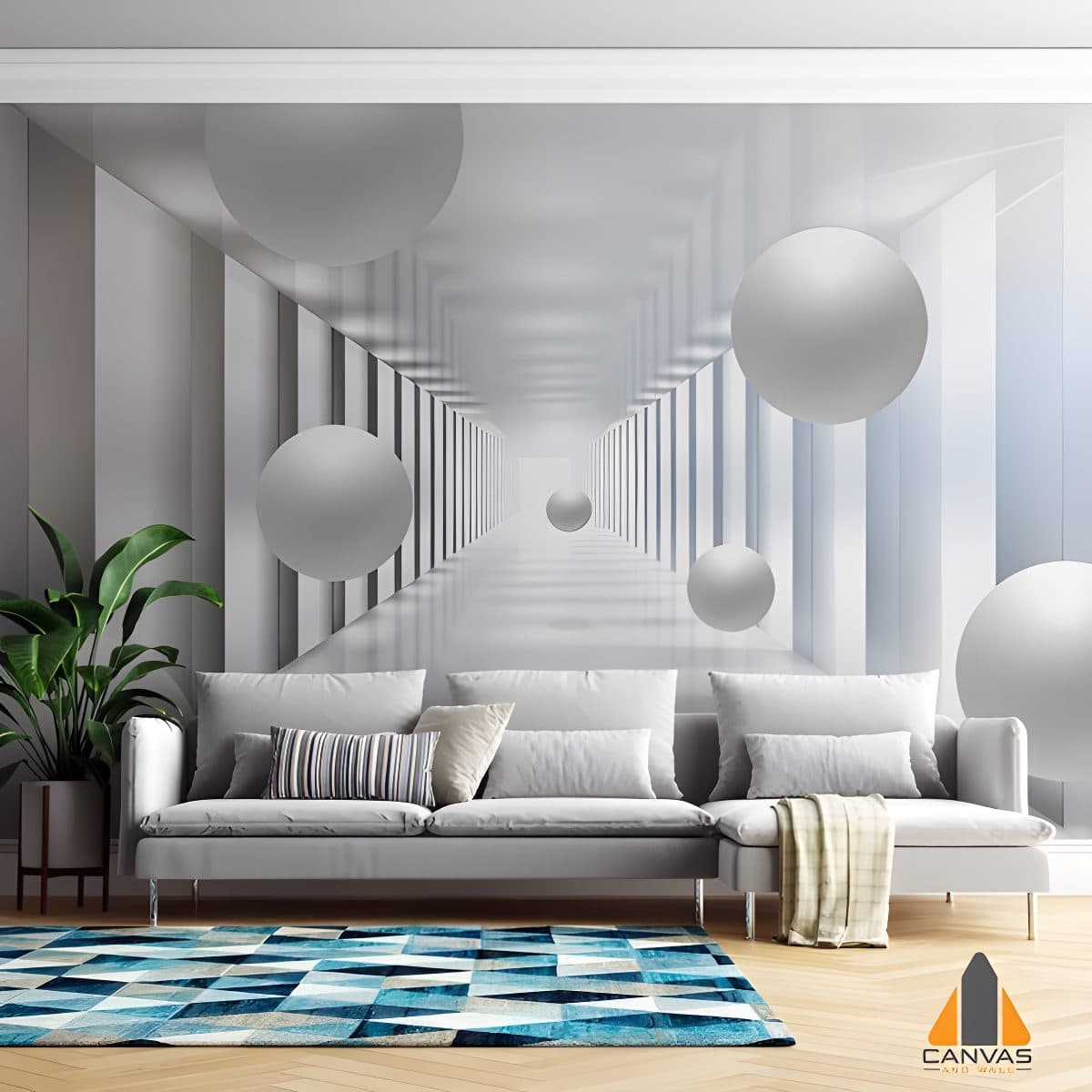 White Tunnel with 3D Floating Balls wall mural in a modern living room, perfect for wallpaper installations Johannesburg.