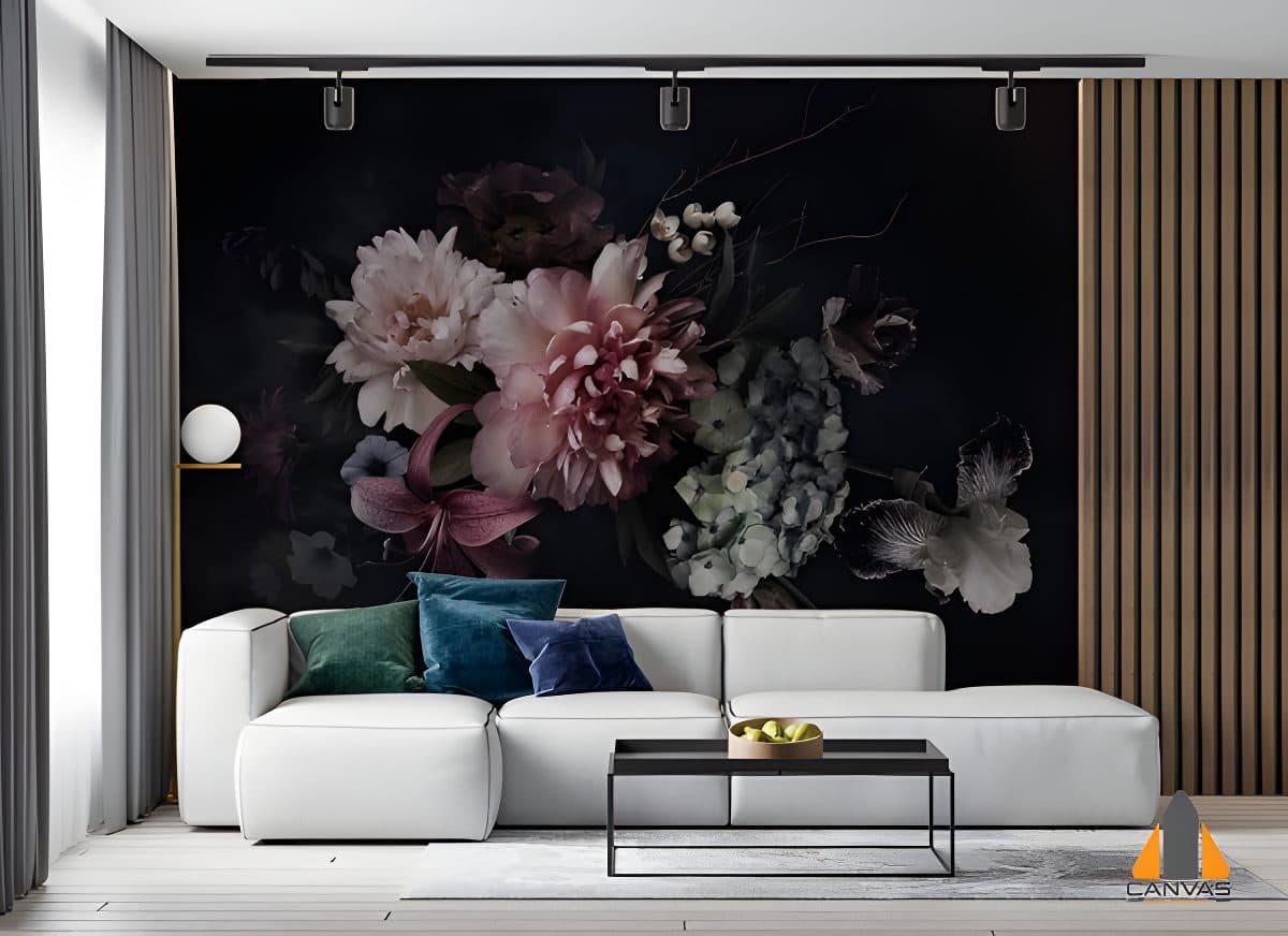 Vintage floral wall mural in a modern living room. Get professional wallpaper installations in Gauteng.