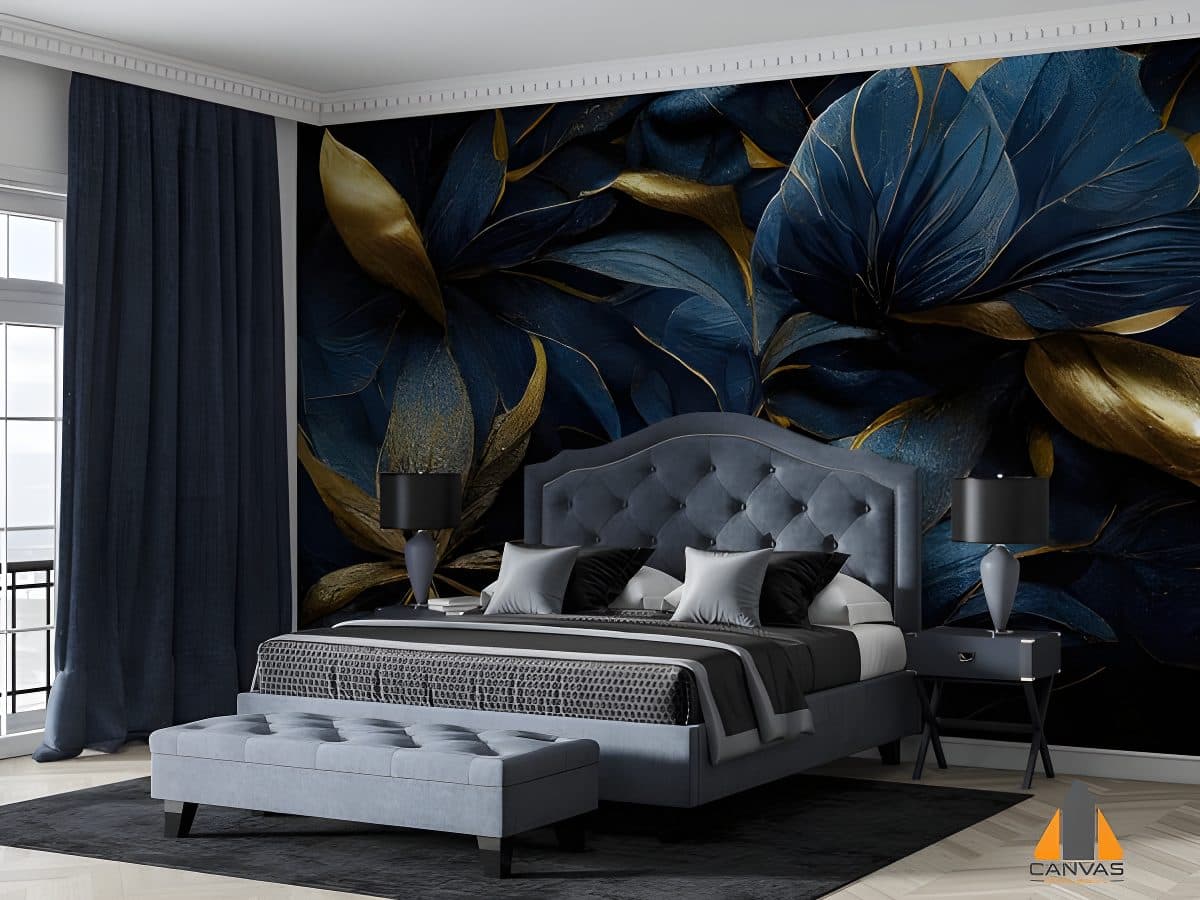 Navy and gold floral wall mural in a luxurious bedroom with a tufted headboard, perfect for wallpaper installations.