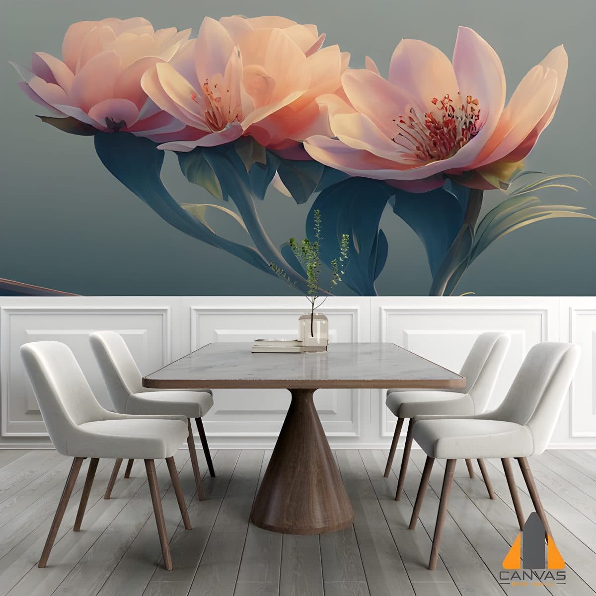 Three soft pink flowers custom wallpaper installation in a modern dining room setting.