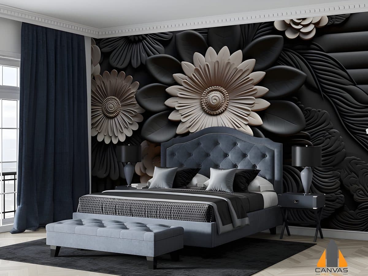 Dramatic 3D floral wall mural with black and grey flowers in a stylish bedroom, perfect for wallpaper installations in Gauten