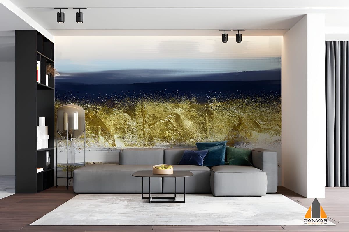 Dramatic abstract wall mural in a modern living room, with deep blue and gold textures, a sleek sofa.