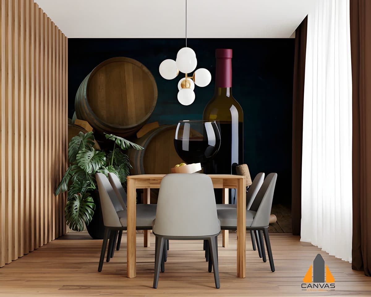 Wine bottles and barrels wall mural in a modern dining room, ideal for wallpaper installations in Gauteng.
