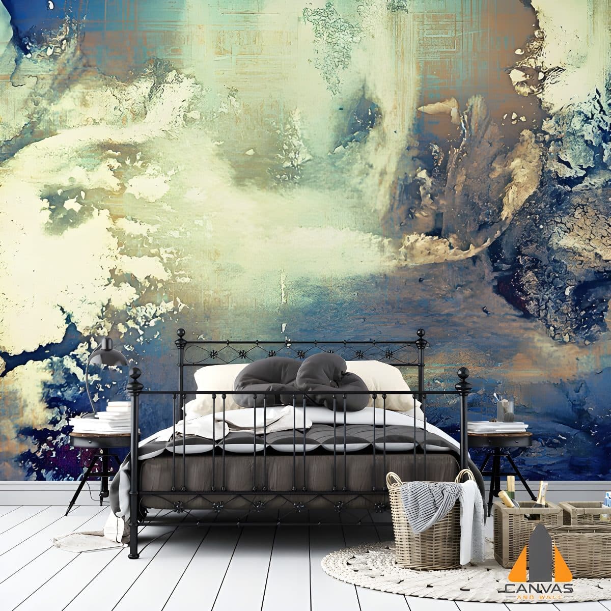 Distressed blue and gold abstract wall mural above a bed, a custom wallpaper installation