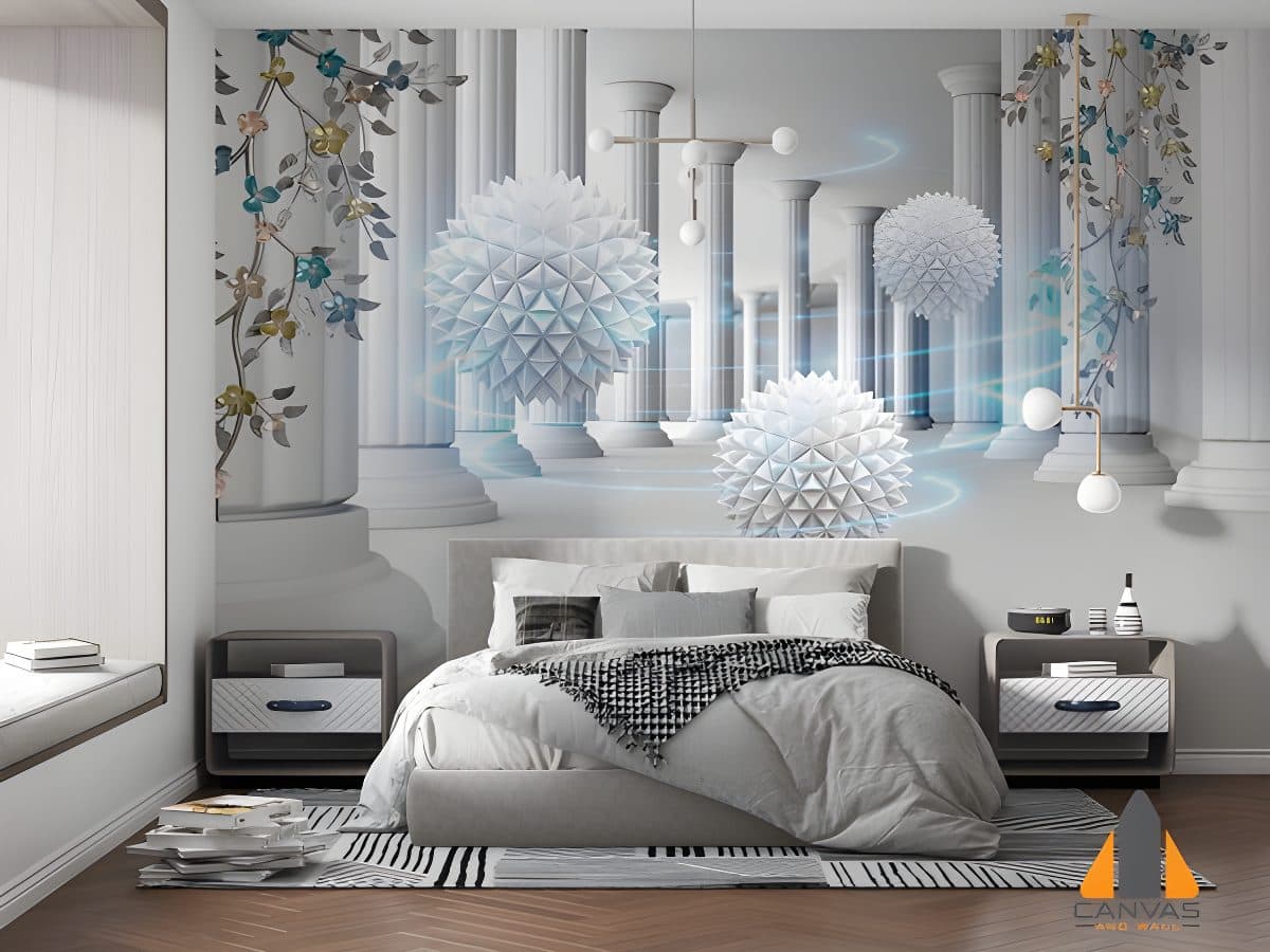 Bedroom featuring a futuristic 3D architectural wall mural with pillars, spheres, and glowing rings.