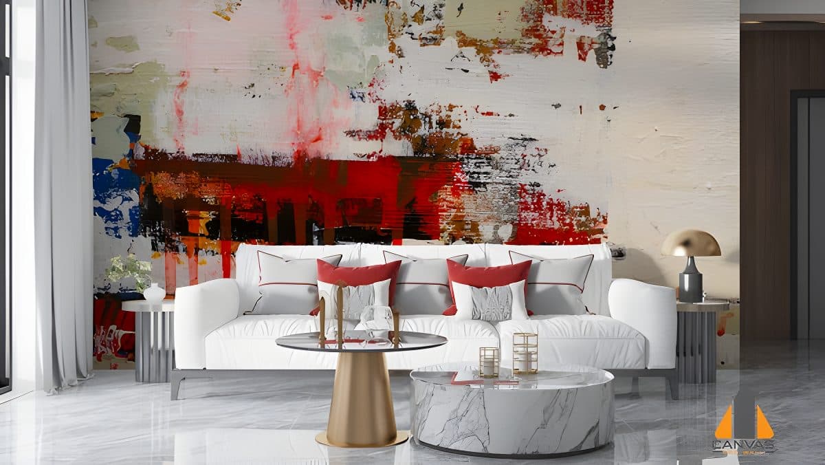 Vibrant Red Brush Abstract Effect wall mural in a modern living room setting, ideal for wallpaper installations in Gauteng.