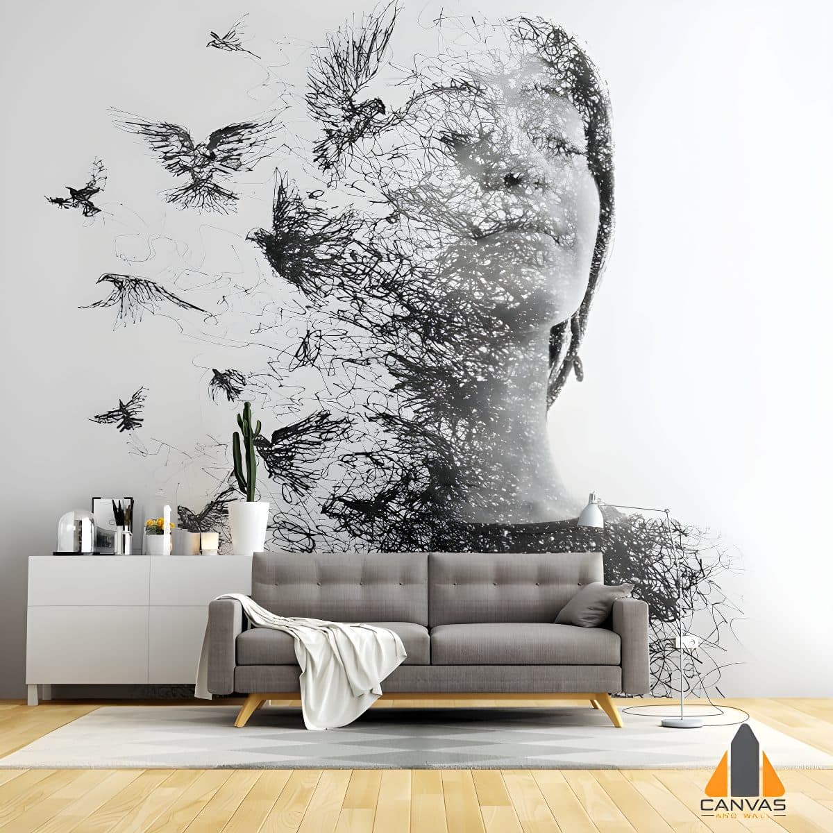 Double exposure woman and birds wall mural in a modern living room setting, ideal for wallpaper installations in Gauteng.