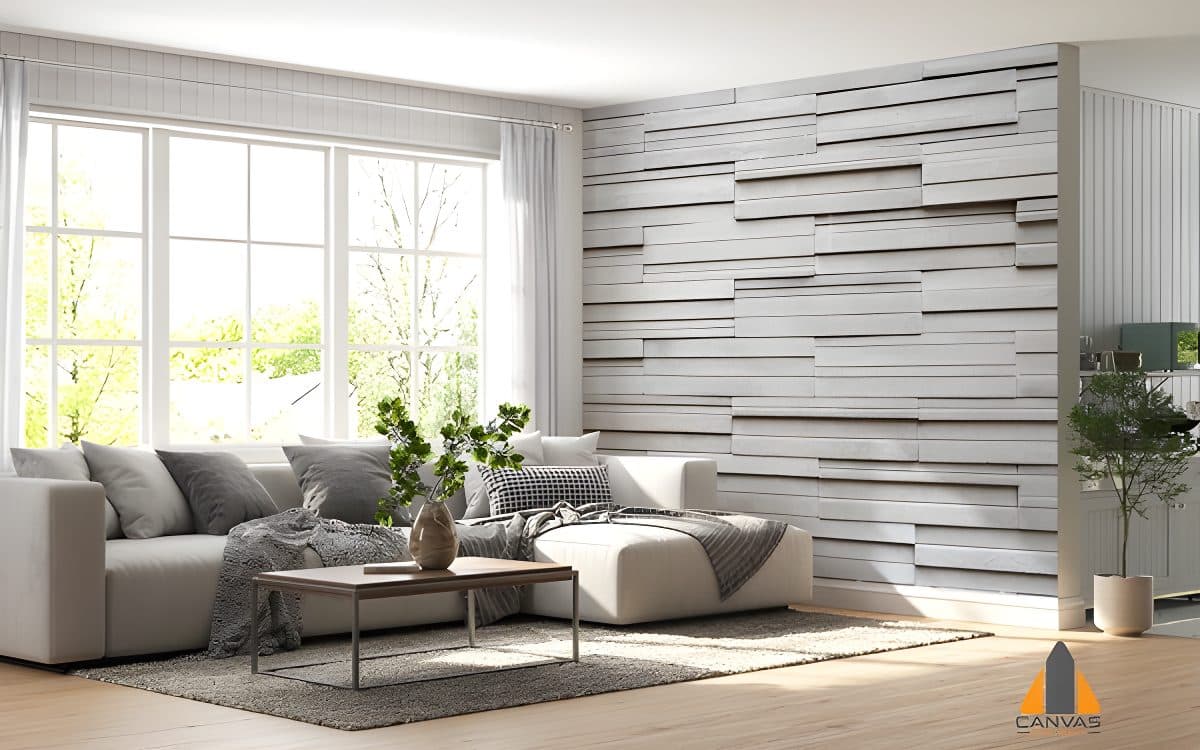 Stylish living room with a modern grey textured wallpaper, a perfect wall mural or custom wallpaper option.