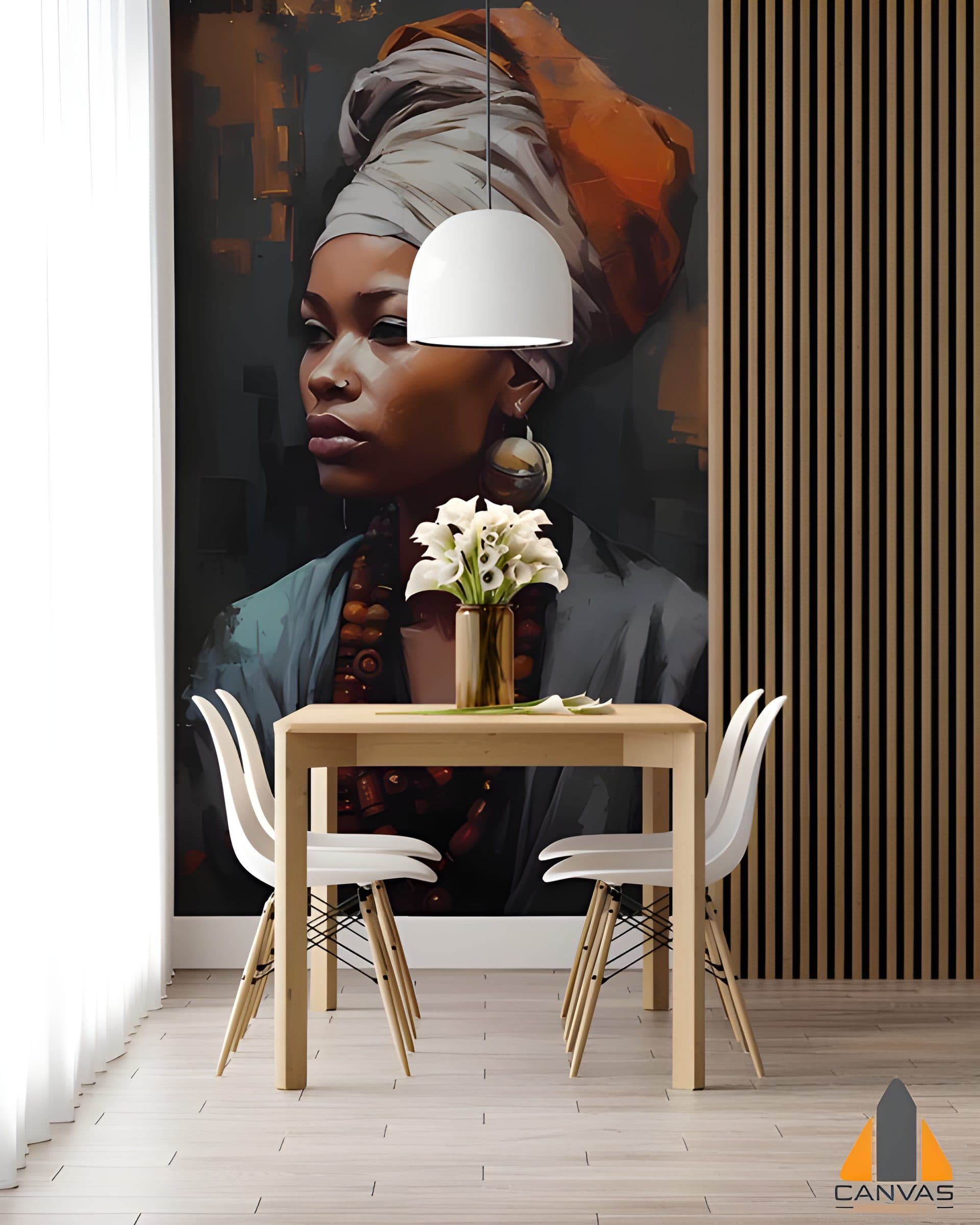 Dramatic wall mural featuring a woman in a turban above a dining table, ideal for wallpaper installations Gauteng.