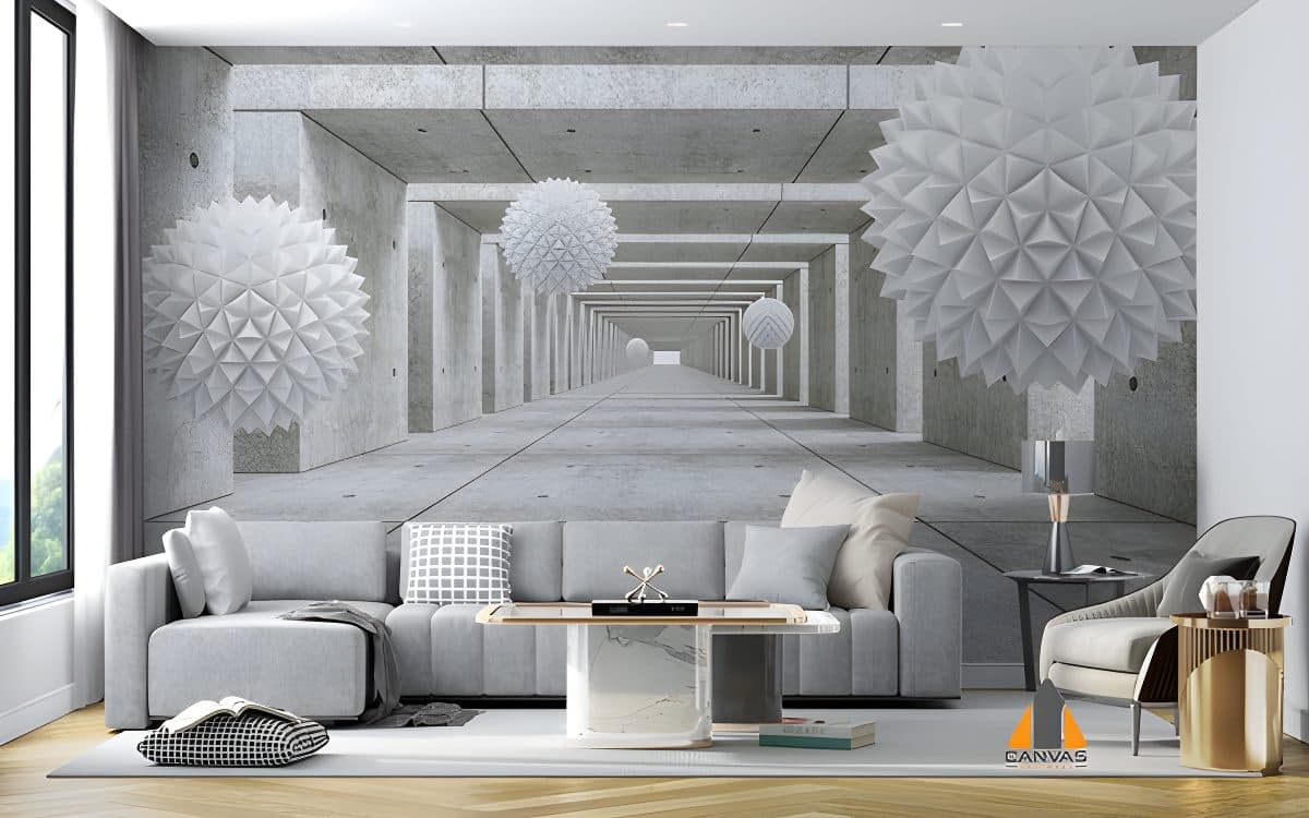 3D concrete tunnel wall mural with white spheres in a modern living room setting, ideal for wallpaper installations.