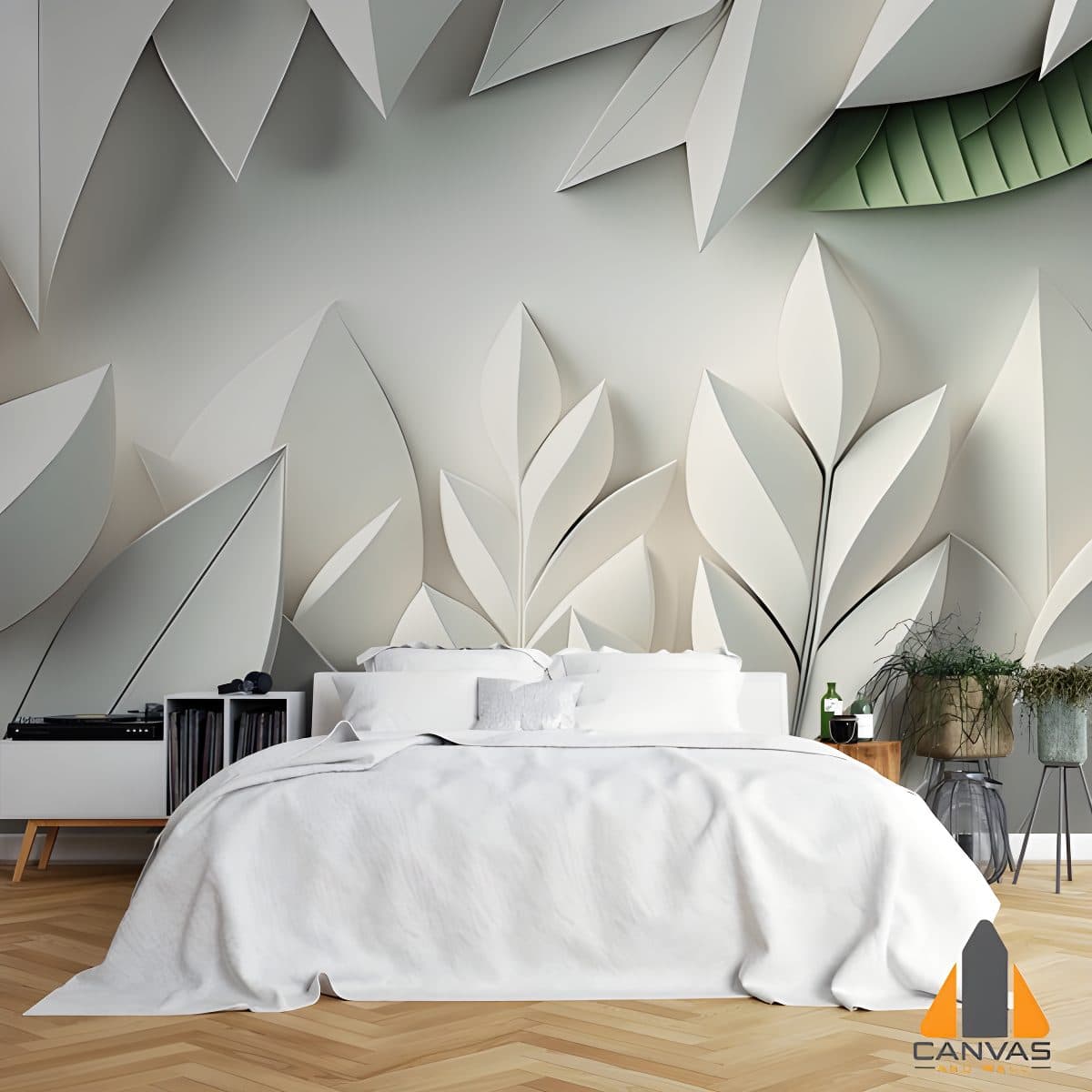 Soft geometric leaf wall mural in a serene bedroom with white bedding, ideal for wallpaper installations in Gauteng.