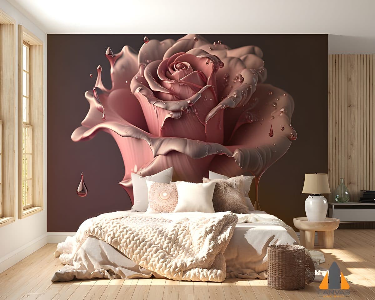 Pink rose with dripping water wall mural in a modern bedroom, perfect for wallpaper installations in Gauteng.