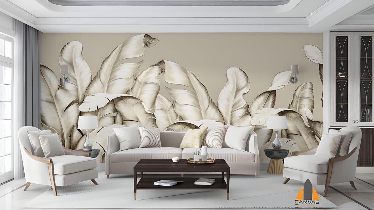Botanical leaf wall mural in a modern living room, perfect for wallpaper installations in Gauteng.
