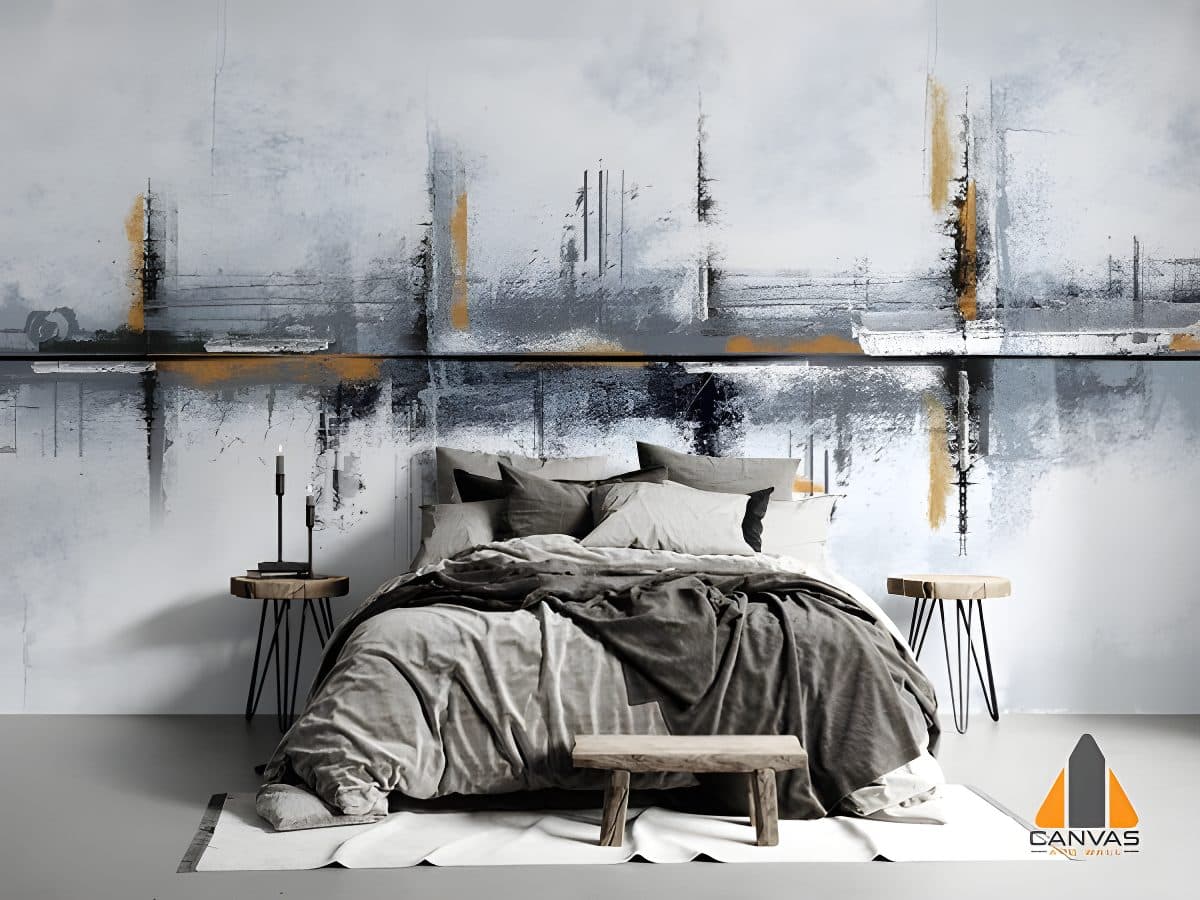 Modern bedroom with abstract art wall mural, perfect for wallpaper installations in Gauteng.