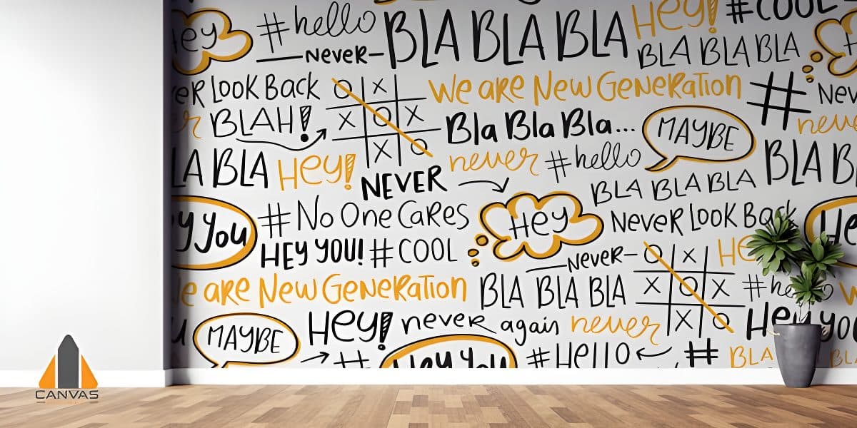 Playful 'Bla Bla Bla' typography wall mural in a modern room, perfect for wallpaper installations in Gauteng.