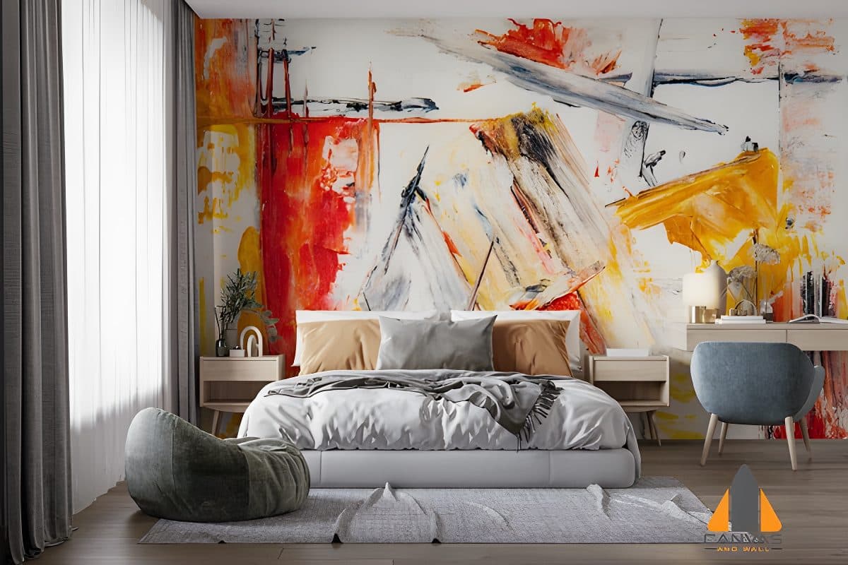 Red brushwork wall mural in a modern bedroom, ideal for wallpaper installations in Gauteng.