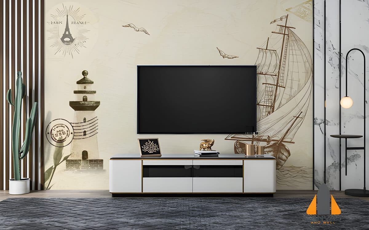 Nautical-themed wall mural with a sailboat and lighthouse in a modern living room setting.