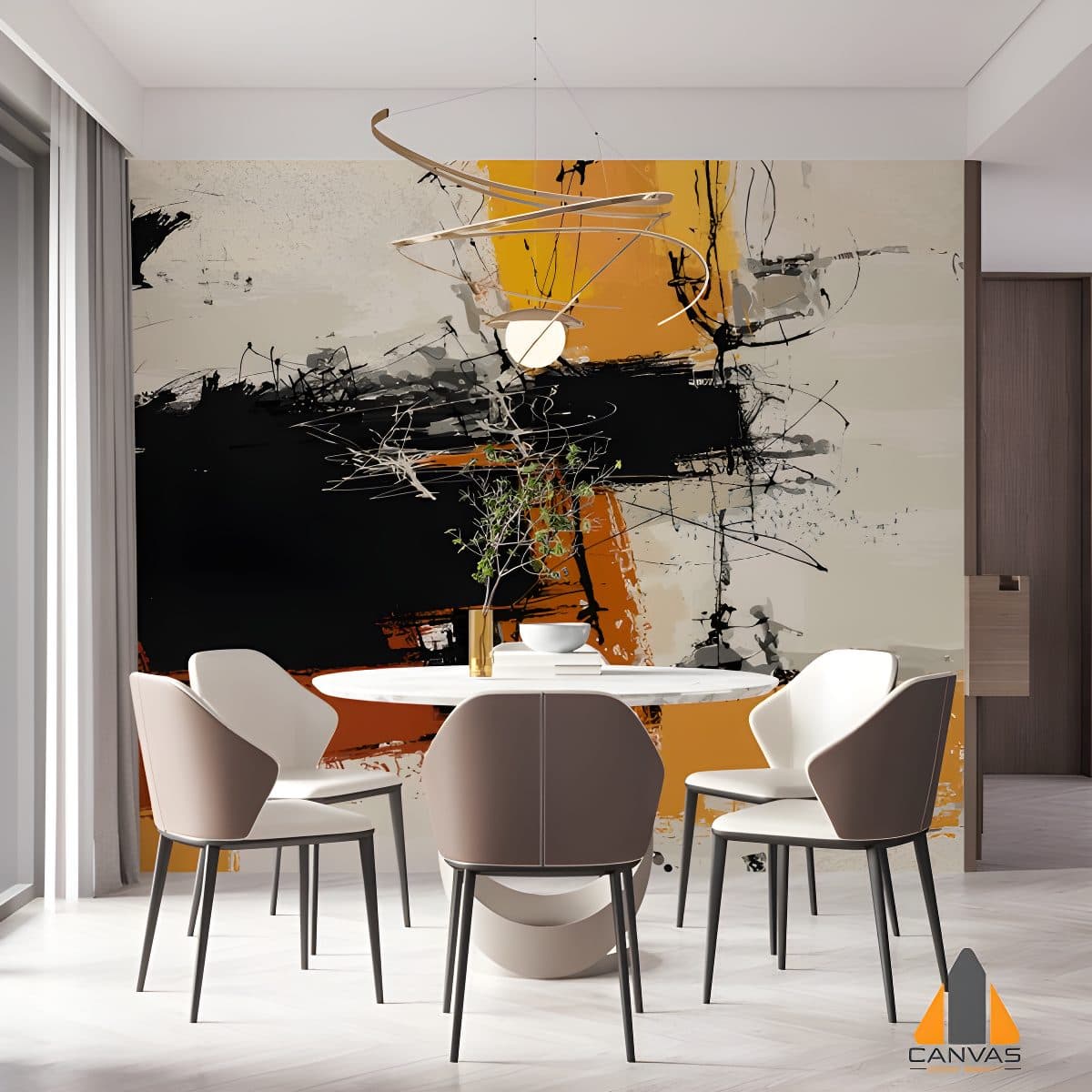 Abstract brushstroke wall mural in a modern dining room, expertly installed by our team in Gauteng.