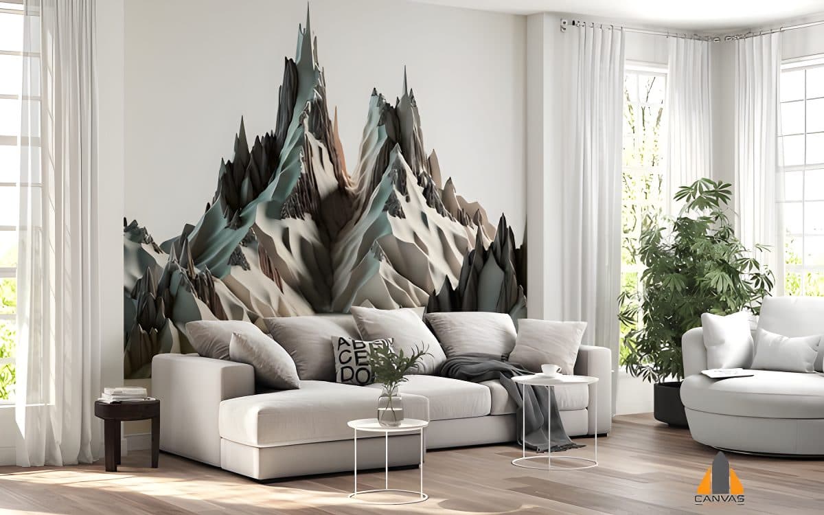 Digital mountain peaks wall mural in a modern living room, expertly installed by Canvas & Wall.