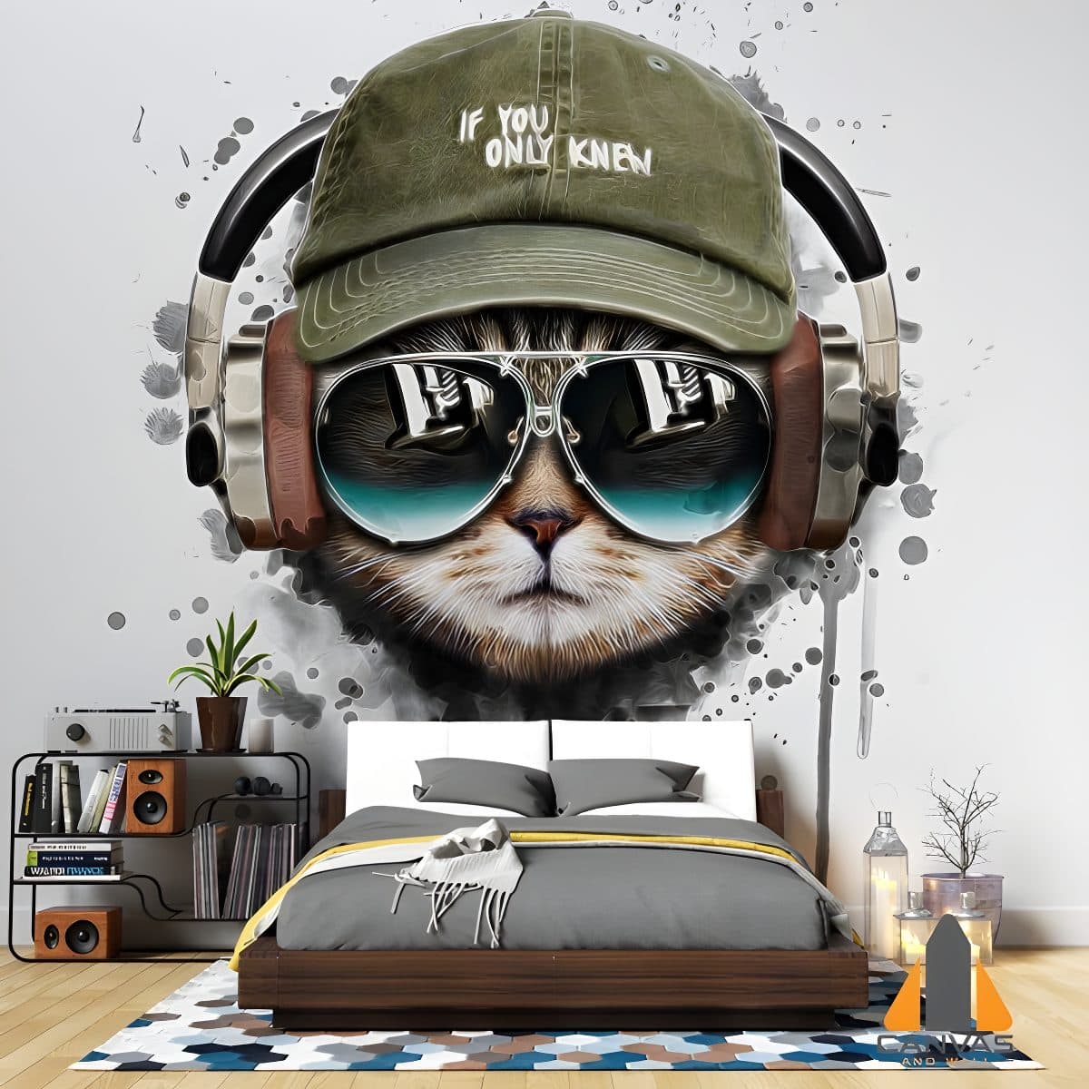 Cat wearing headphones and cap wall mural in a modern bedroom, with wallpaper installations in Gauteng.