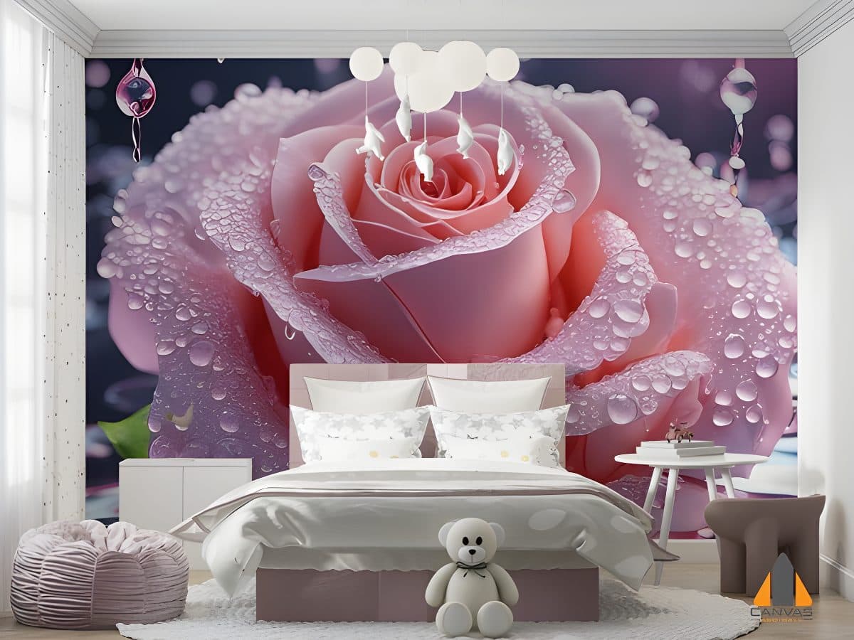 Pink rose with water drops custom wallpaper in a child's bedroom; wallpaper installations in Gauteng available.