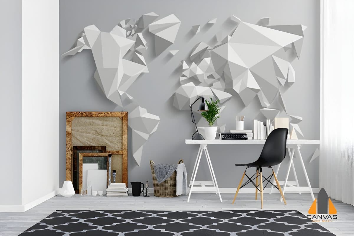 3D geometric world map wall mural in a modern office with a desk and chair.