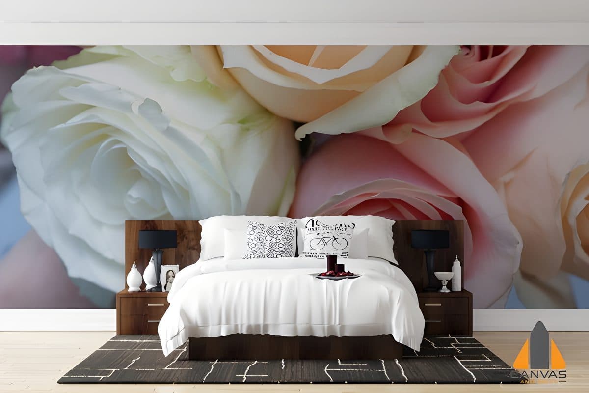 Pink and yellow roses wall mural in a modern bedroom setting, ideal for wallpaper installations in Gauteng.