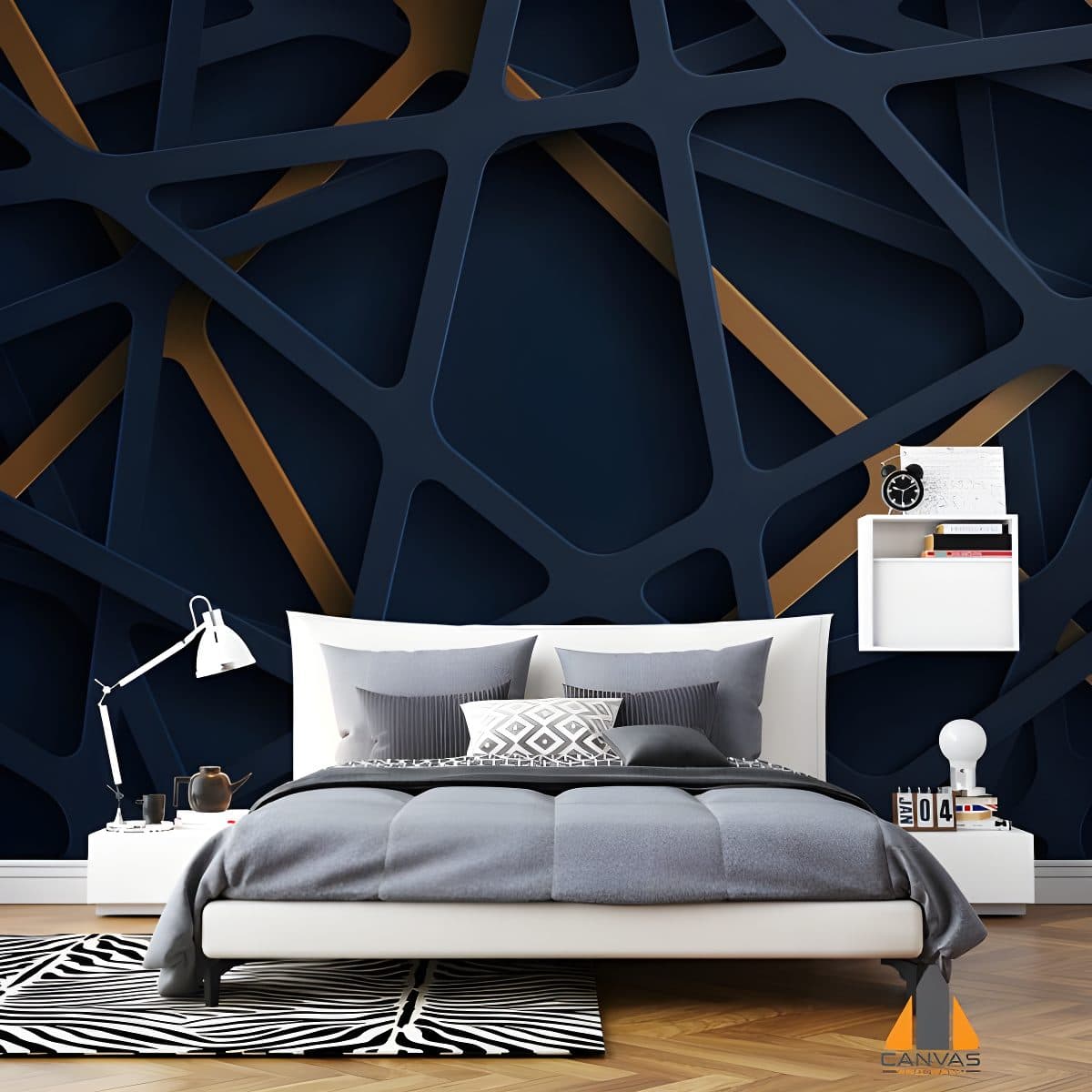 Blue and gold abstract papercut style wall mural in a modern bedroom, perfect for wallpaper installations in Gauteng.