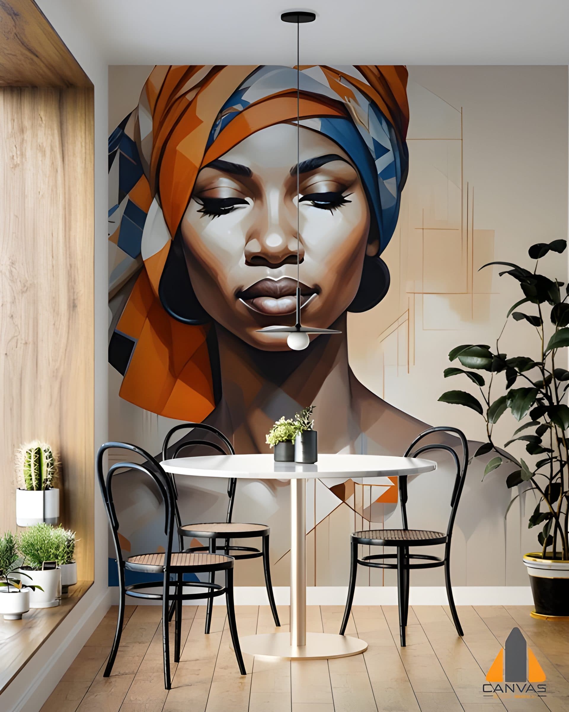 Oil painting wall mural of a woman in a headwrap in an elegant dining area, perfect for wallpaper installations in Gauteng.