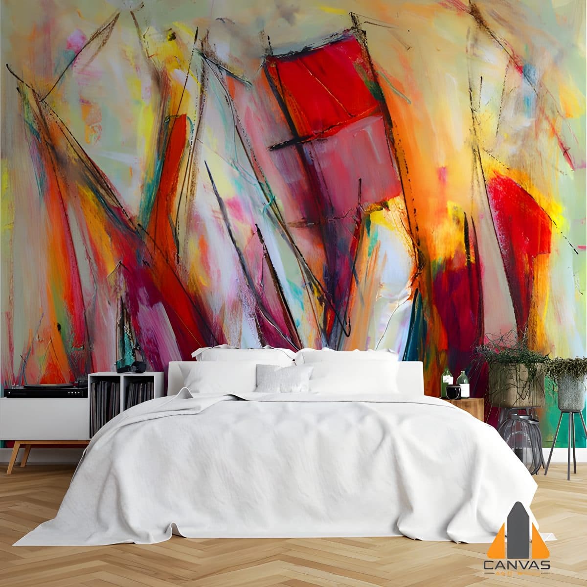 Vibrant abstract art wall mural bringing life to a modern bedroom, showcasing unique wallpaper installations.