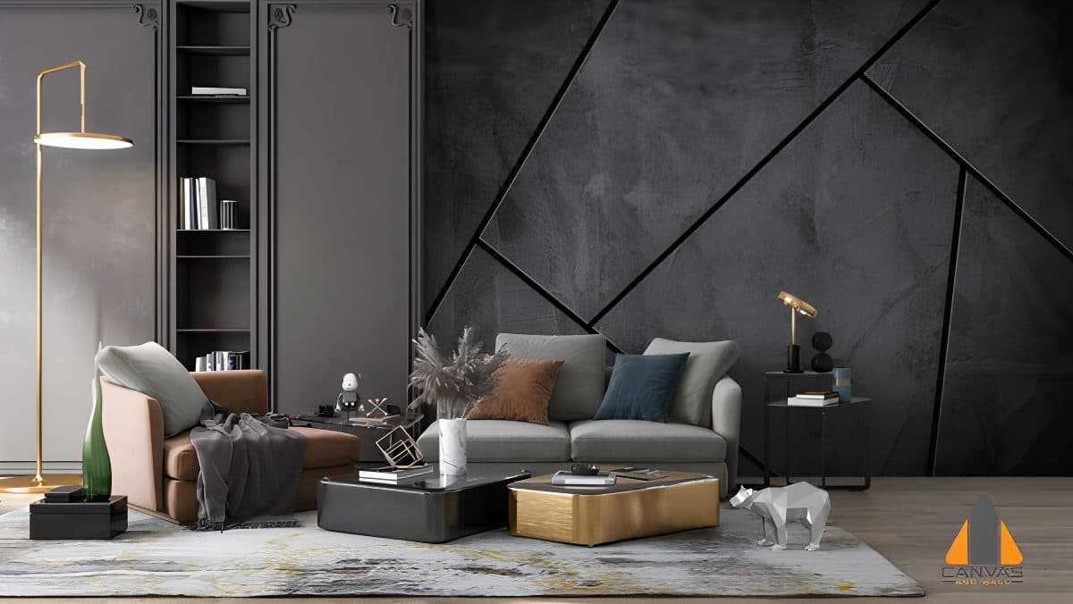 Dark gray mosaic wall mural in a modern living room, perfect for wallpaper installations in Gauteng.