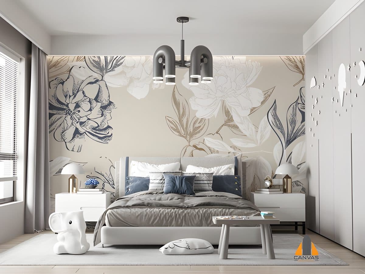 Floral wall mural in a sophisticated bedroom, featuring large outlined blossoms above the bed.