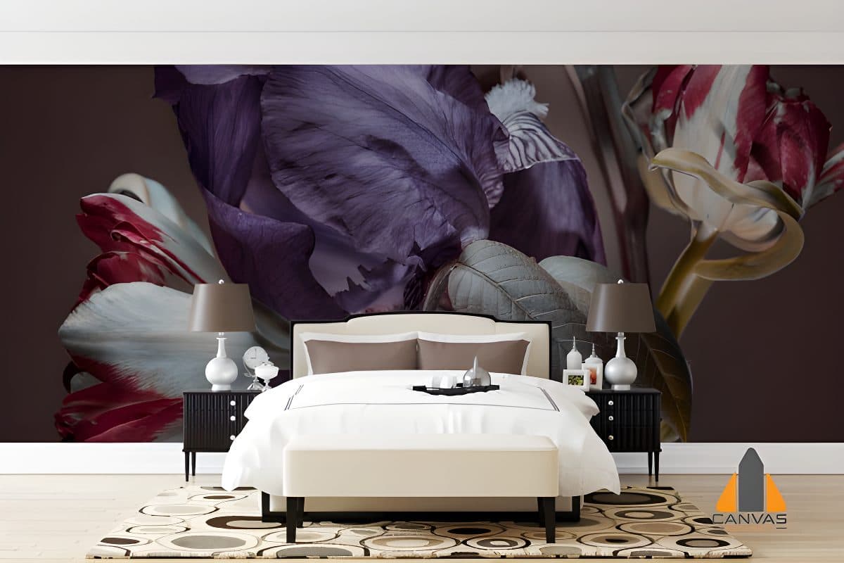 Dramatic purple flower wall mural in a modern bedroom, perfect for wallpaper installations in Gauteng.