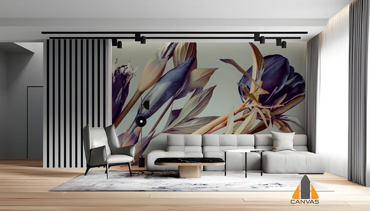 Purple and brown buds wall mural in a modern living room, perfect for wallpaper installations in Gauteng.