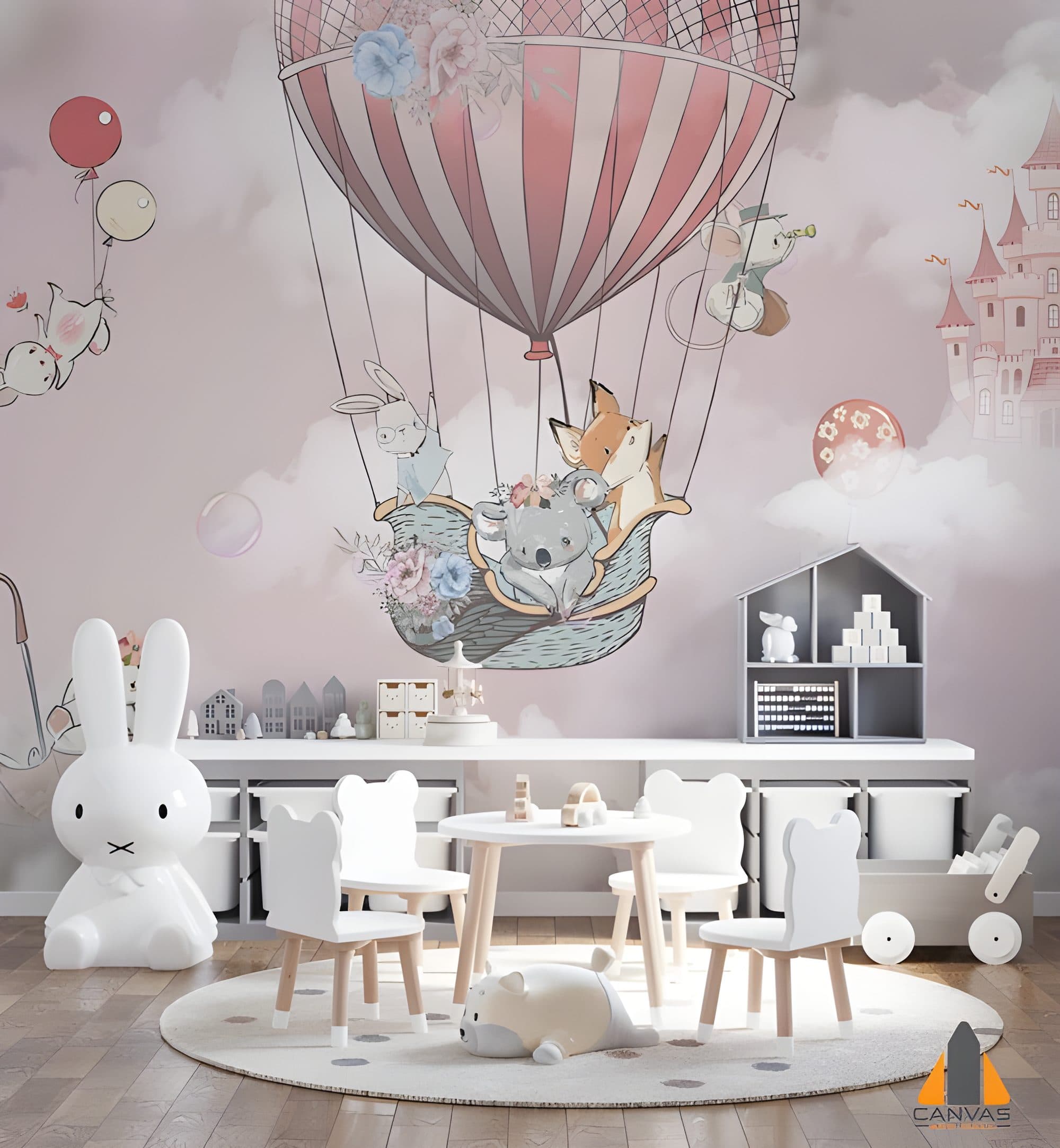 Pink nursery wall mural with animals in a hot air balloon, bunnies with balloons, and a fairytale castle.