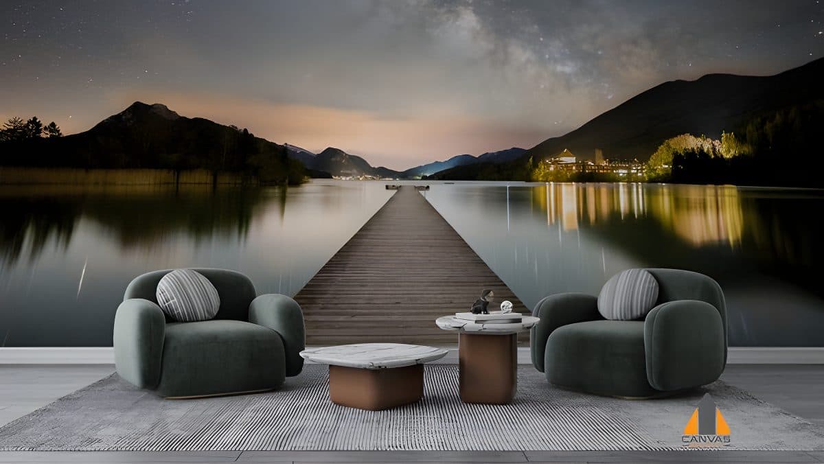 Wooden pier stretching across a lake under the Milky Way, a stunning wall mural in a modern living room.