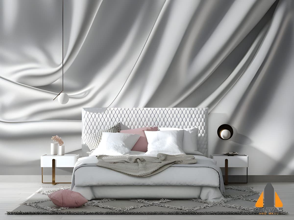 Opulent bedroom with silver satin texture wall mural, perfect for wallpaper installations in Gauteng.