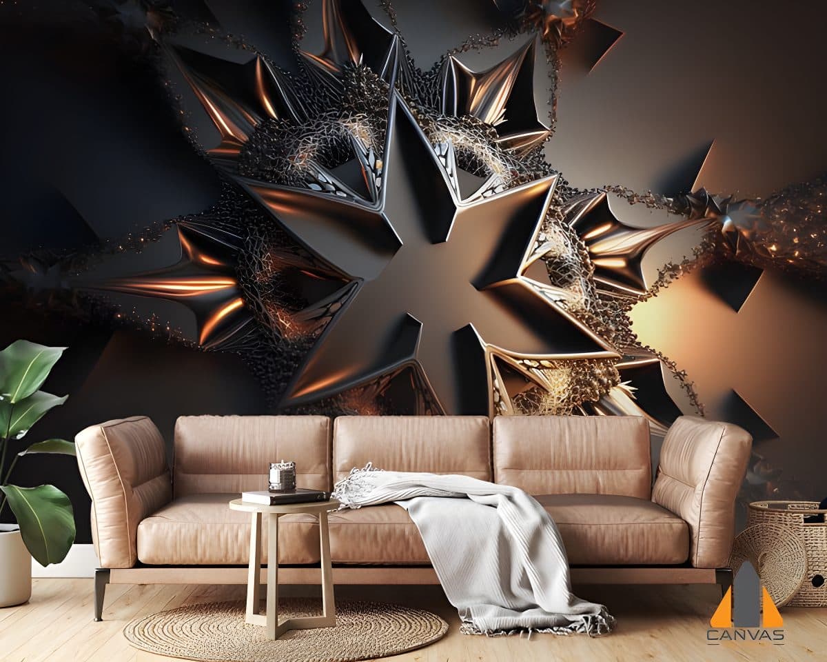 Star-shaped abstract wall mural in a modern living room with a tan sofa.