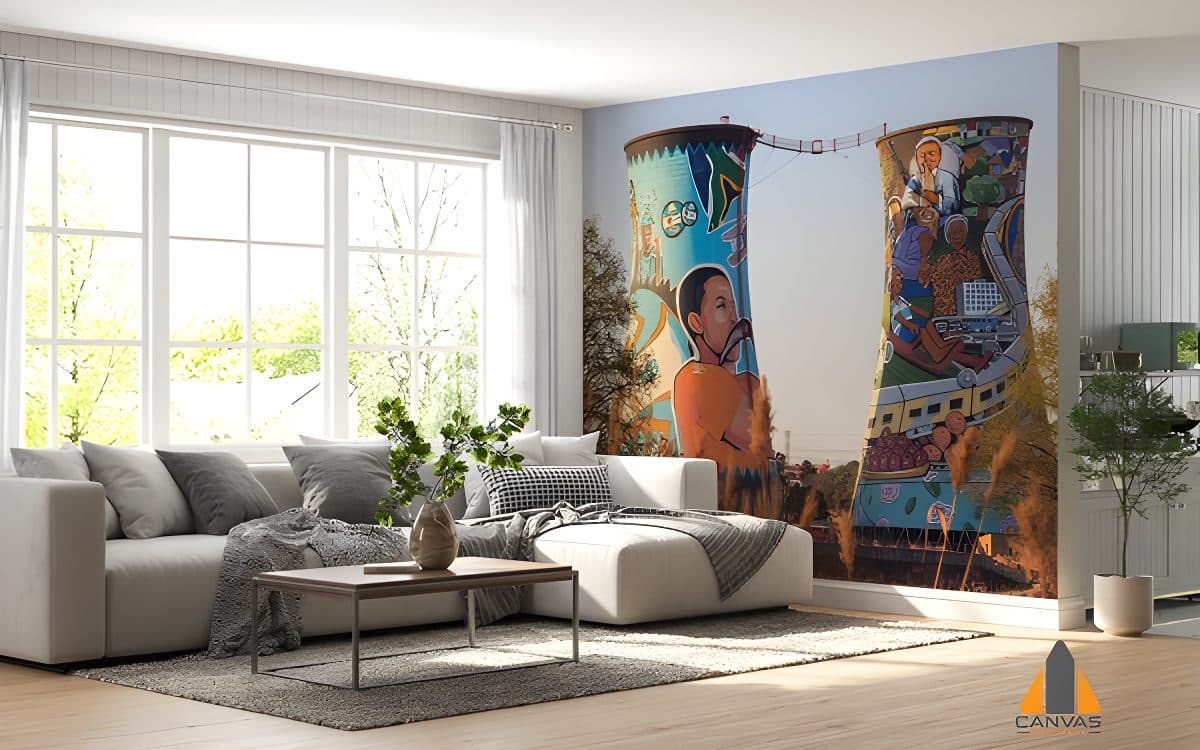 Soweto Orlando Towers wall mural in a modern living room, expertly installed in Gauteng.