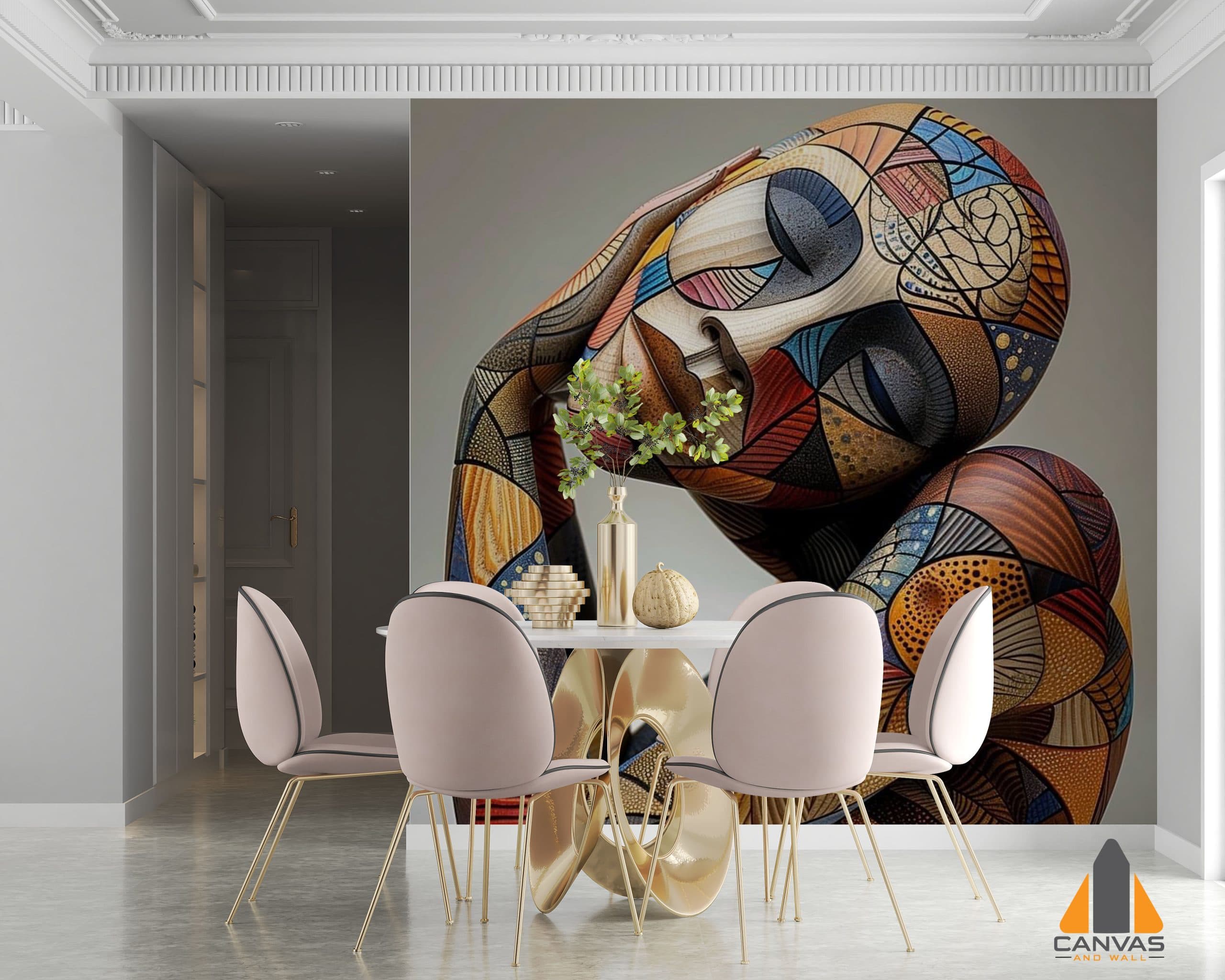 Colorful abstract African woman sculpture art wallpaper mural in a modern dining room.