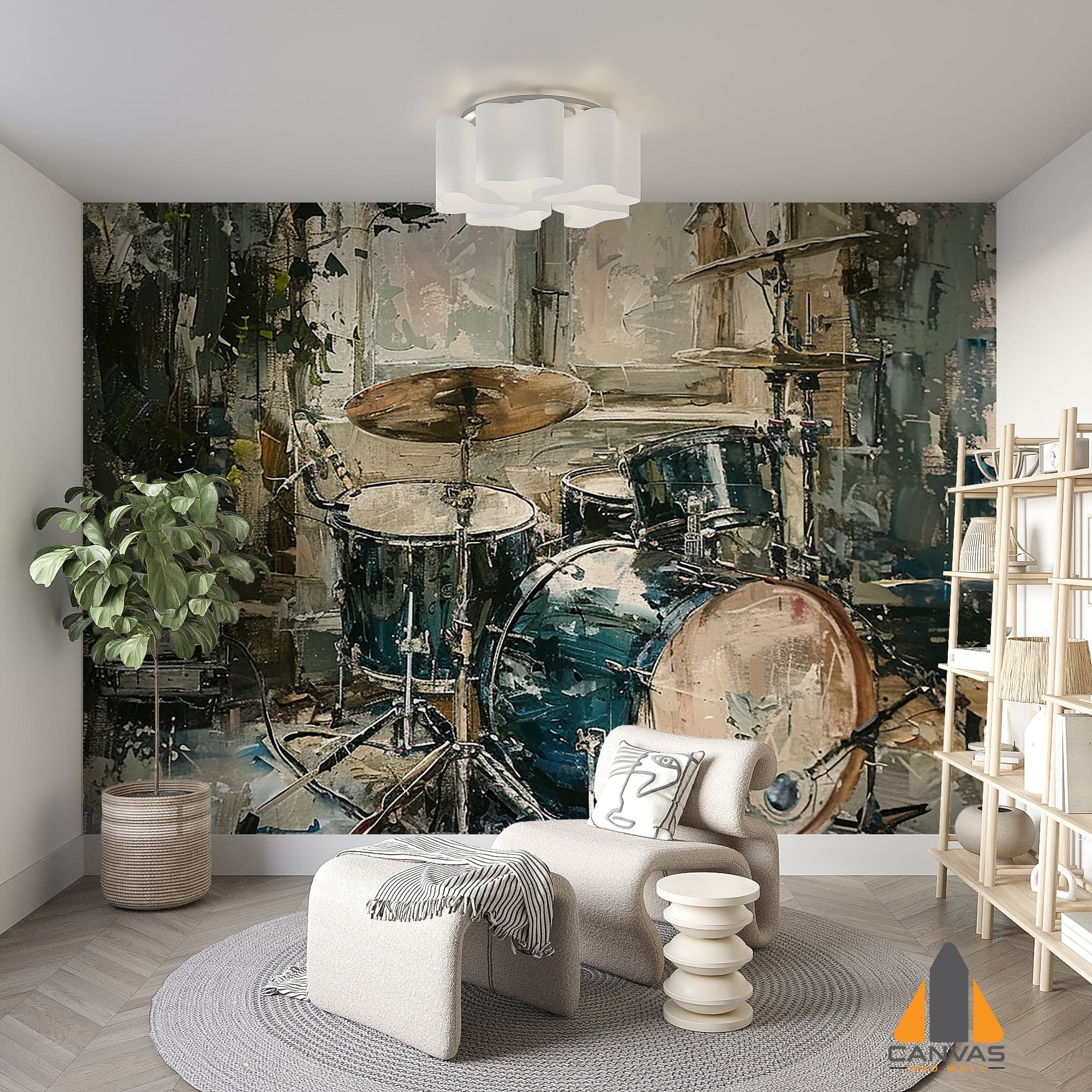 Artistic drum kit wall mural in a modern living room, perfect for wallpaper installations in Gauteng.