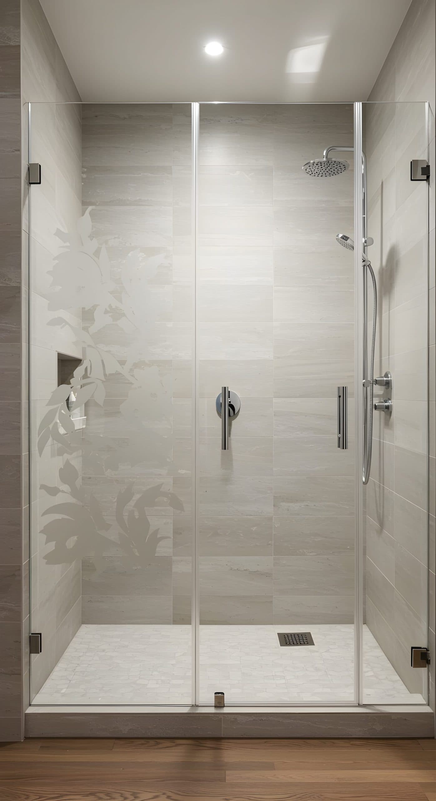 Shower with frosted glass featuring a floral pattern, ideal for custom wallpaper installations.