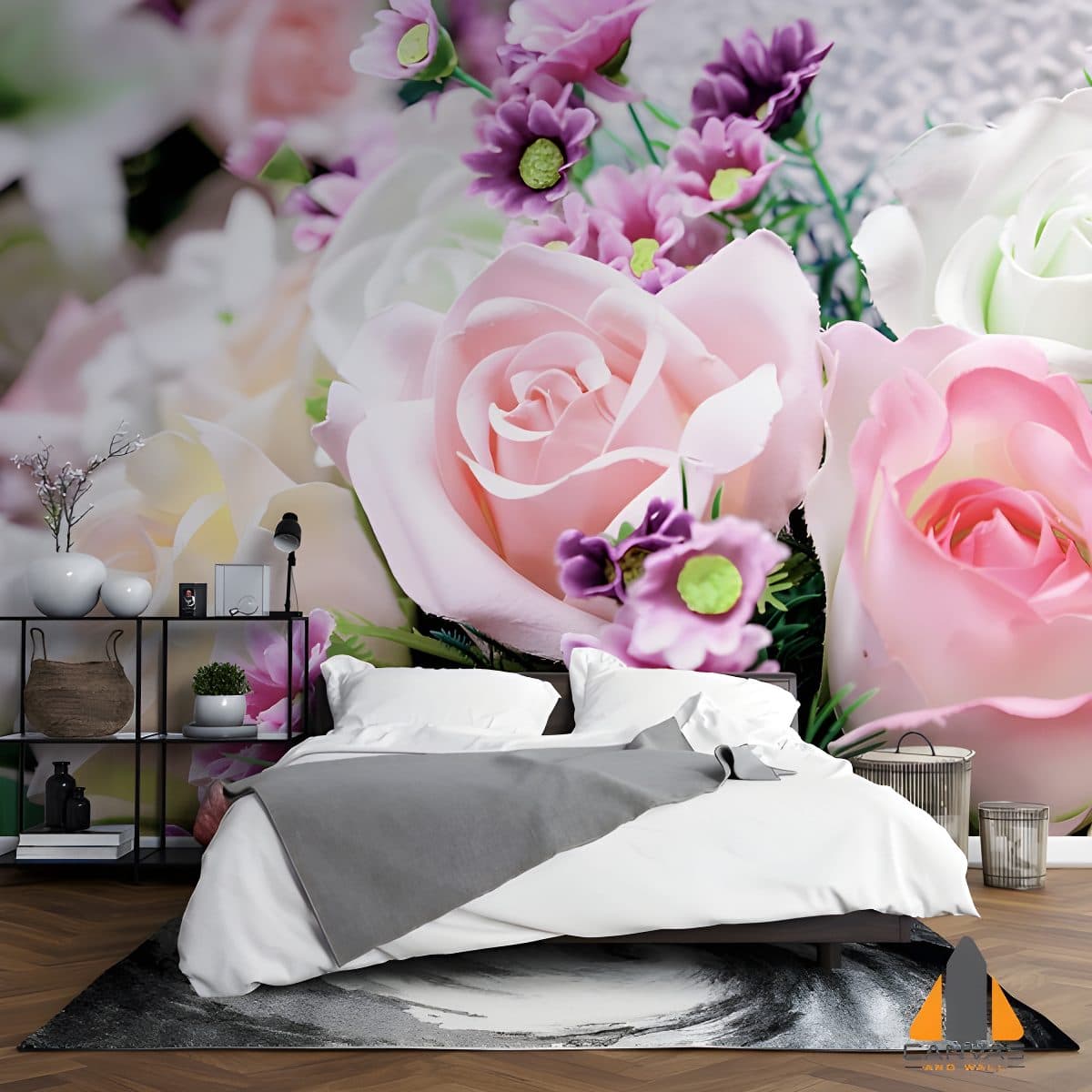 Large floral wall mural with pink roses in a modern bedroom, ideal for wallpaper installations in Gauteng.