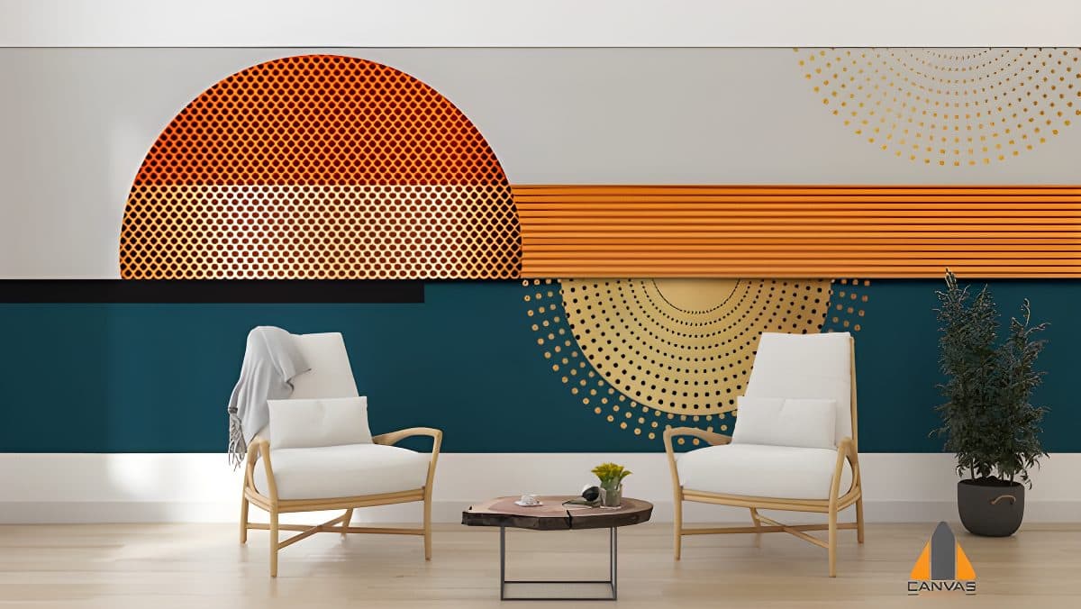 Sunrise geometric wall mural in a modern living room with two armchairs.