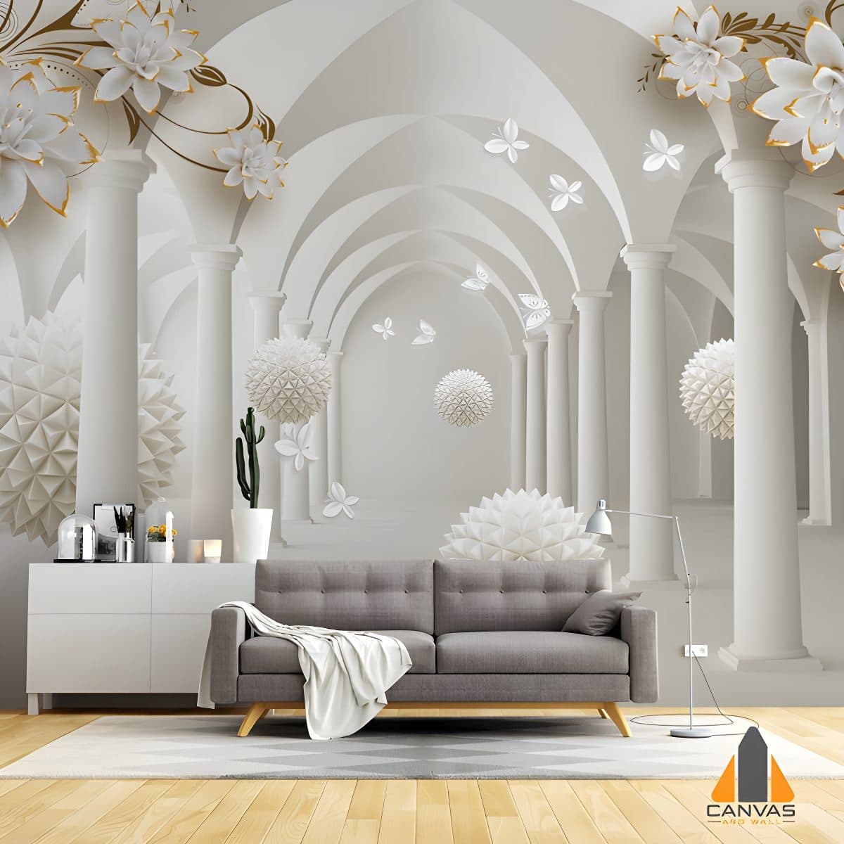 A luxurious 3D floral archway wall mural in a modern living room setting, ideal for wallpaper installations.