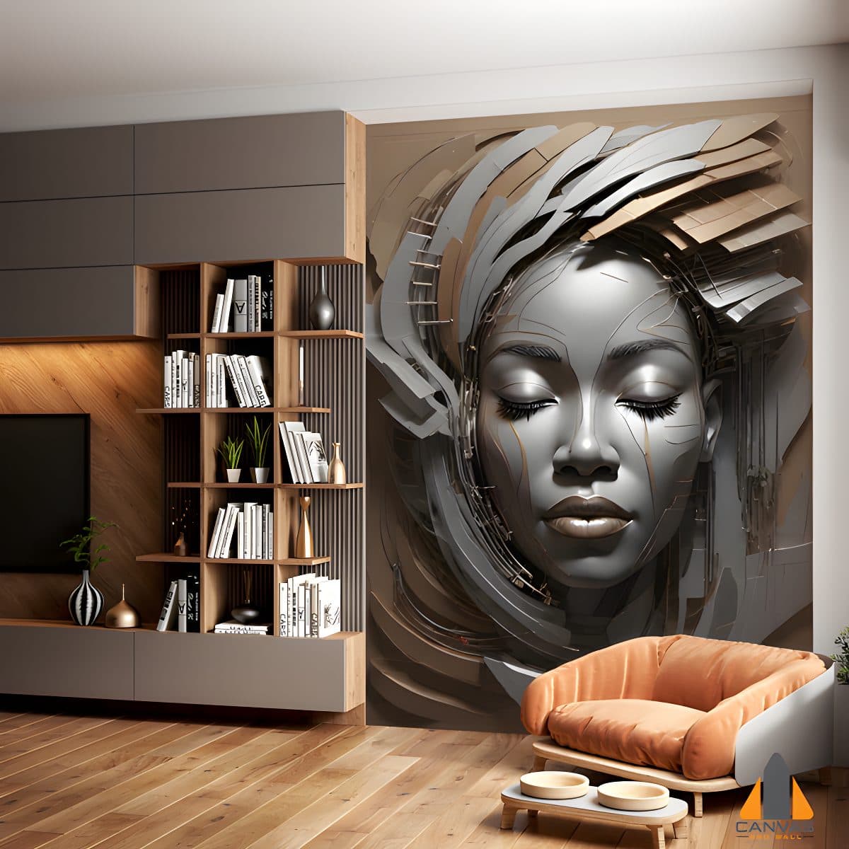 A gold and silver 3D art woman's face wall mural in a modern living room setting.