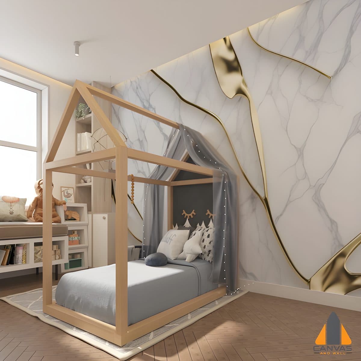 White and golden marble wallpaper in a child's bedroom with a wooden bed frame, installed by Canvas & Wall.