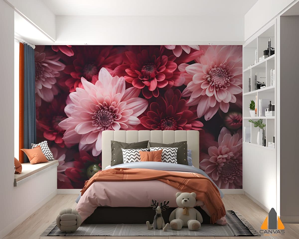 Pink and red floral wall mural in a modern bedroom with a beige headboard, ideal for wallpaper installations in Gauteng.