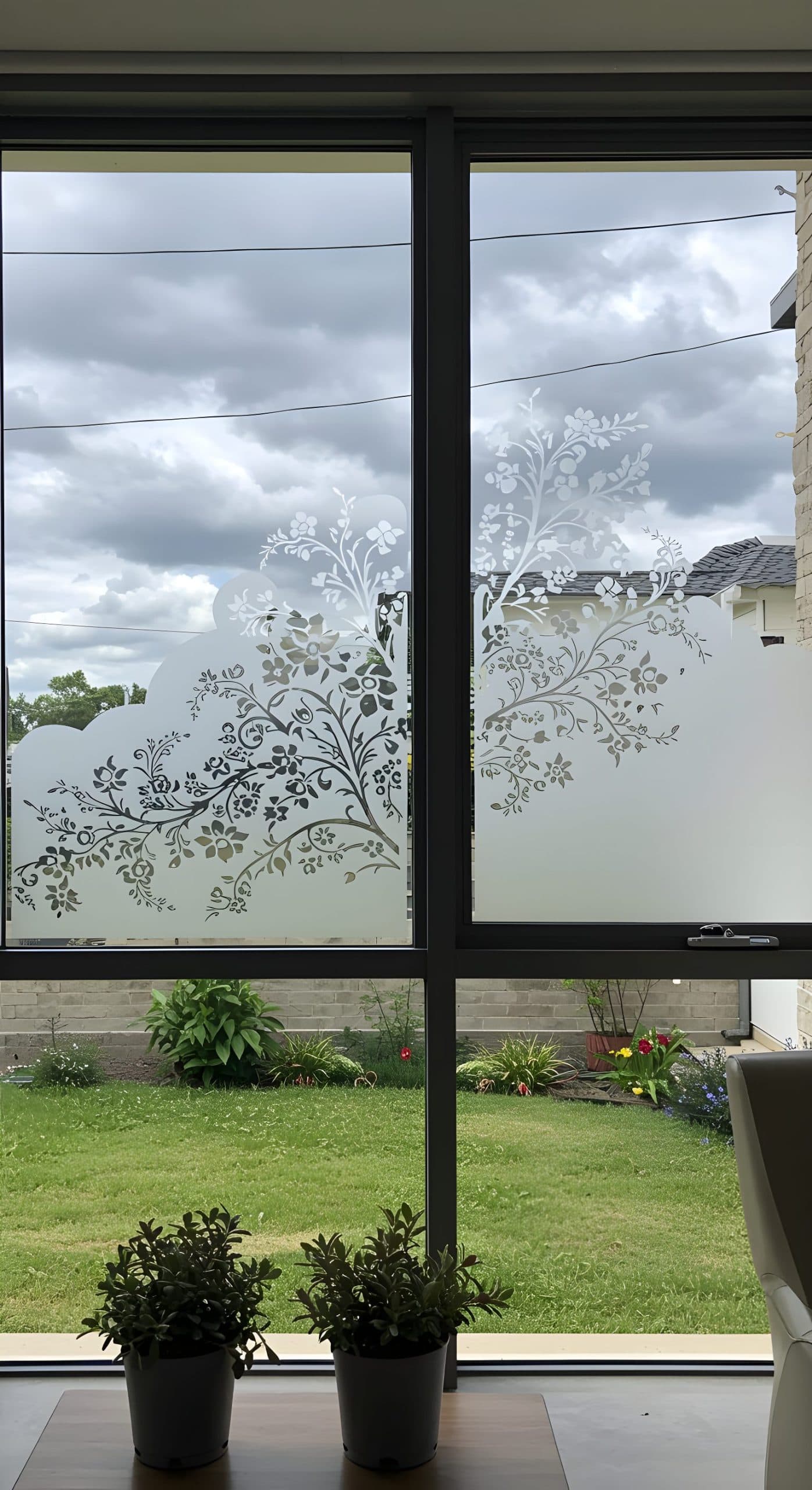 A window with intricate floral silhouette privacy film, offering an alternative to a traditional wall mural.