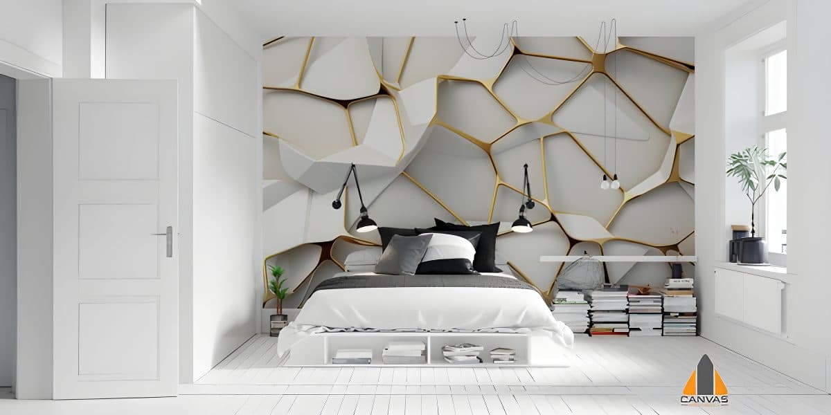White and gold honeycomb wallpaper in a modern bedroom with a bed and minimalist decor.